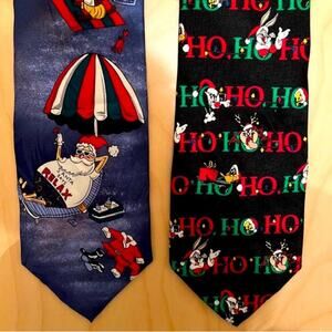 Vintage silk Christmas ties. 90s. lot of 2, Beach Santa and Looney Tunes